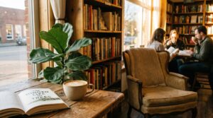 Interior de uma cafeteria com pessoas lendo e um livro aberto em uma mesa.